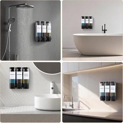 Shampoo and Conditioner Dispenser,Shower Soap Dispenser 3 Chamber No Drill Wall-Mounted Shampoo Dispenser for Shower Wall Mounted Shower Dispenser for Bathroom Hotel Large Capacity,Dark Gray1