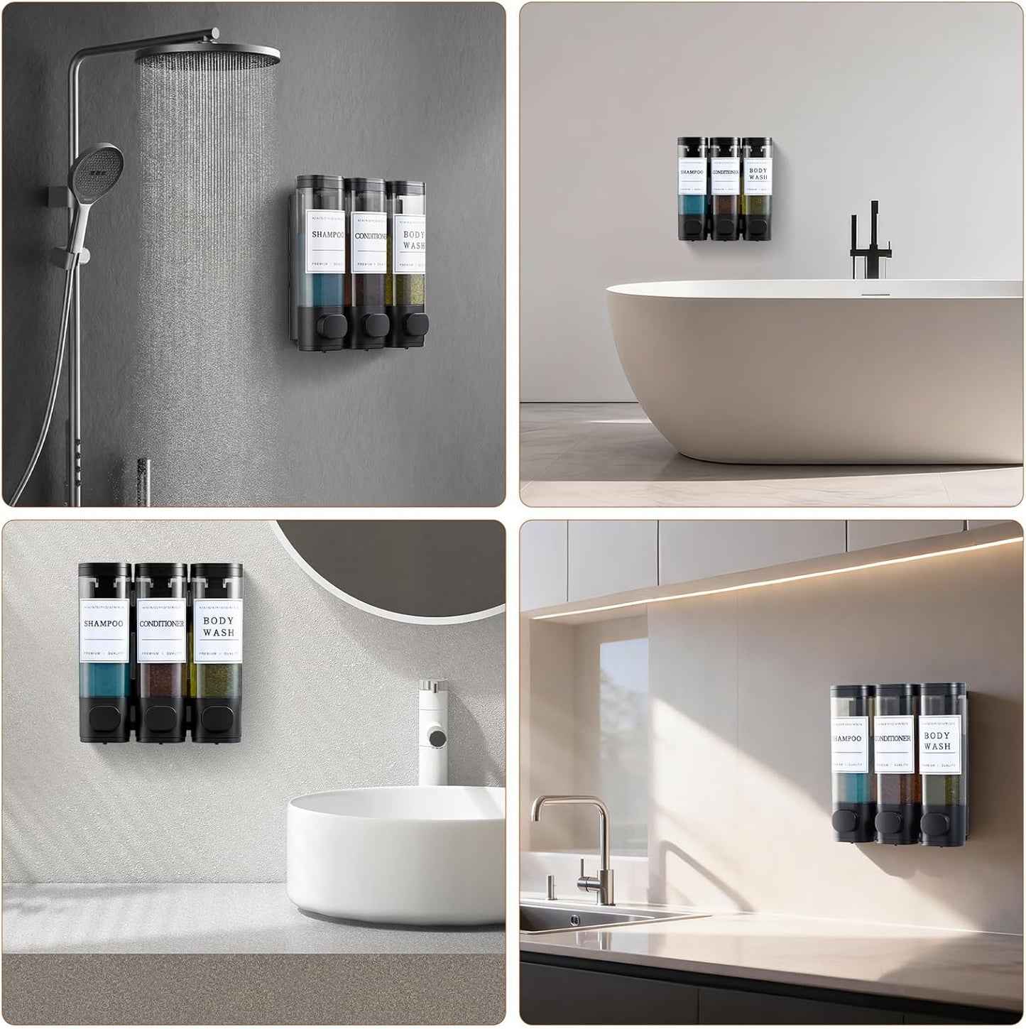 Shampoo and Conditioner Dispenser,Shower Soap Dispenser 3 Chamber No Drill Wall-Mounted Shampoo Dispenser for Shower Wall Mounted Shower Dispenser for Bathroom Hotel Large Capacity, Clear Bright