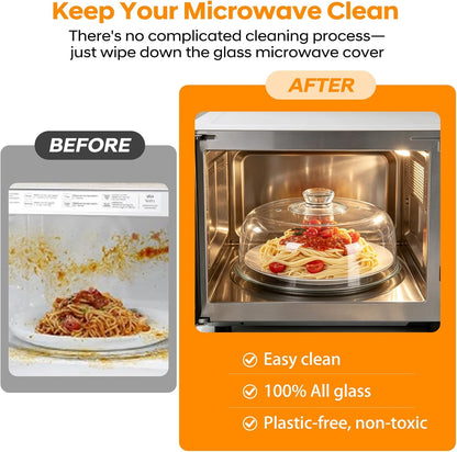 Heavy 12 Inch Borosilicate Glass Microwave Splatter Cover for Food | All Glass Tall Splatter Guard Microwave Plate Serving Dish Covers Lid with Handle for Heating Food