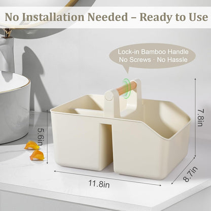 rejomiik Plastic Shower Caddy, Portable Basket with Bamboo Handle, White | Cleaning Caddy Organizer Tote for Bathroom, College Dorm Essentials, Bath Toy Storage, Cleaning Supplies