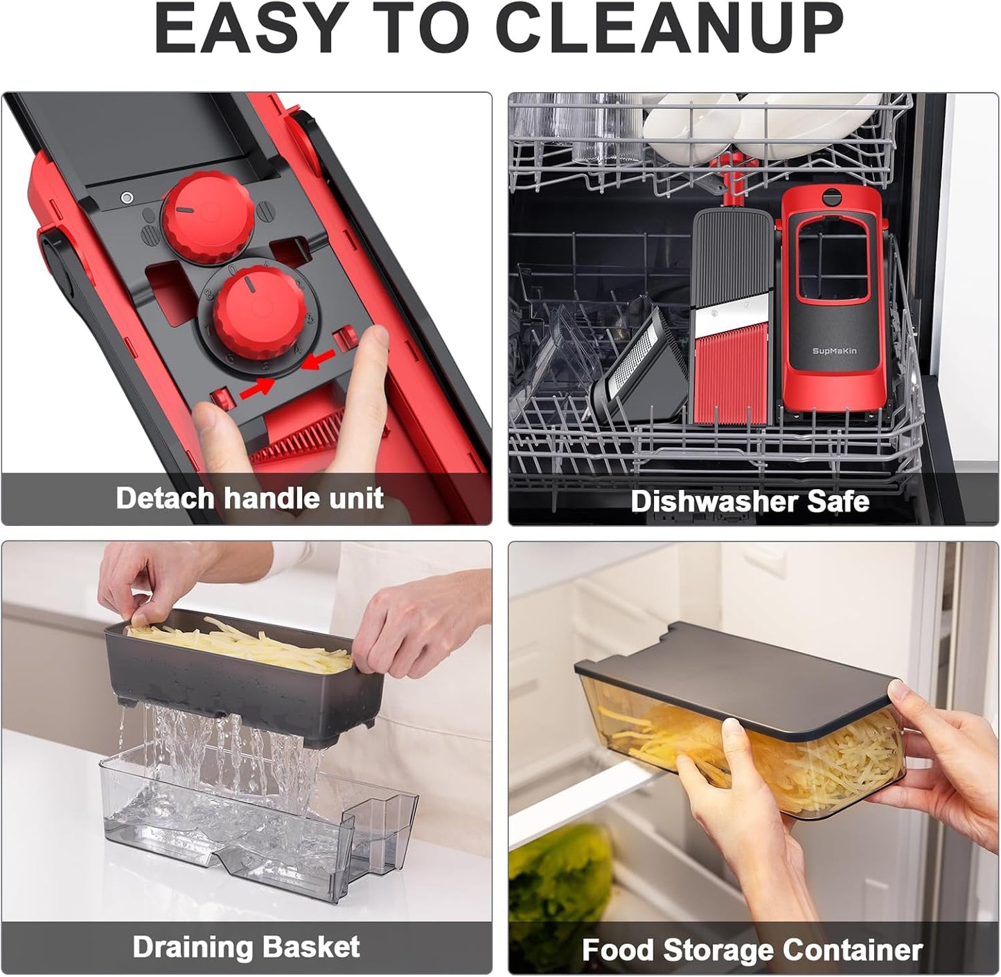 SupMaKin Safe Mandoline Slicer Plus for Kitchen Adjustable Vegetable Slicer | 0.1-8mm, Cut Resistant Stainless Steel Blades,Potato Fry Cutter, Onion Chopper, Detachable,Foldable Dishwasher Safe, Gifts