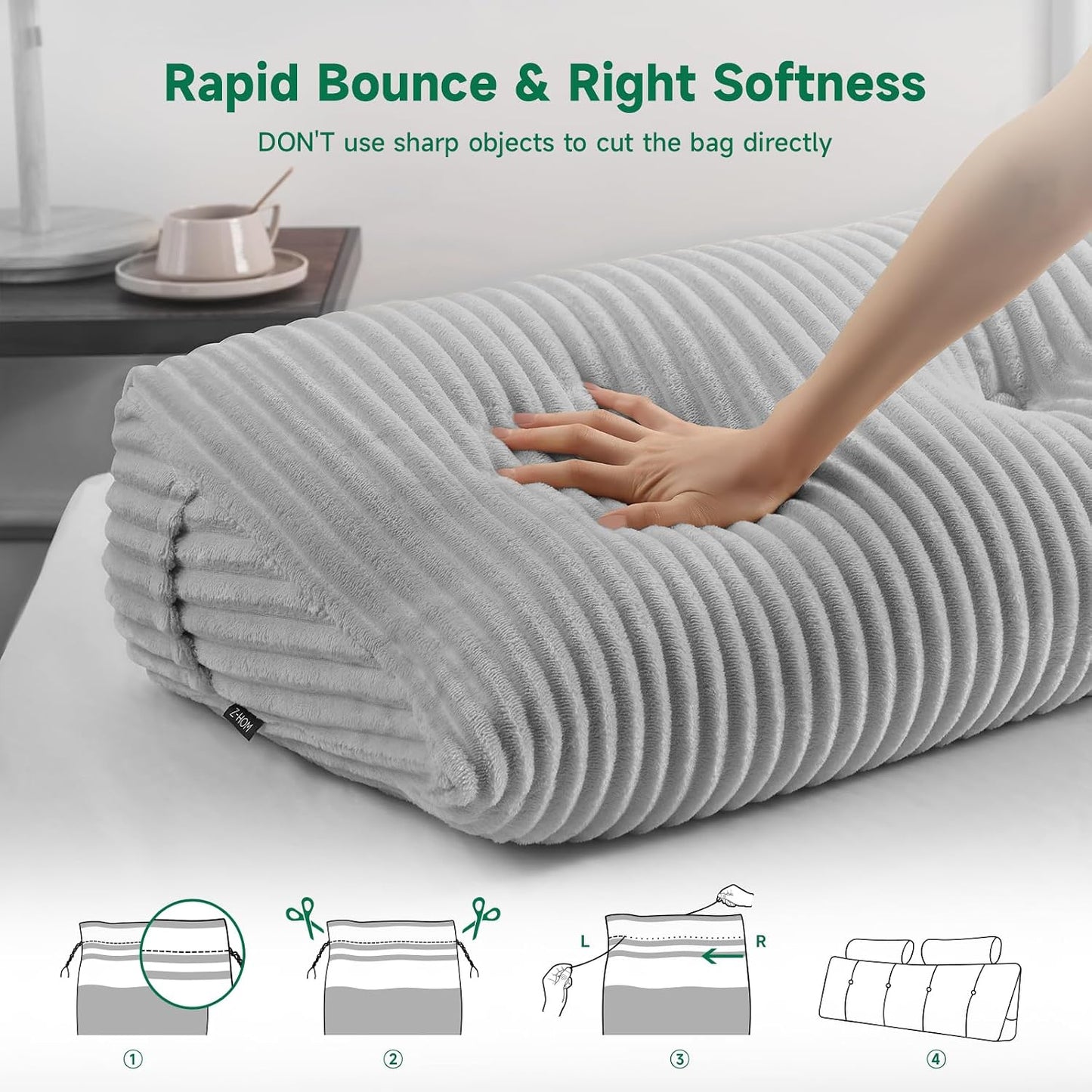 Z-hom Headboard Pillow, Wedge Backrest Cushion, Queen Size,NO Roll Pillow | Grey Triangular Backrest Cushion Equipped,NO Roll Pillow,Ideal for Reading,Sitting Up in Bed&Filling Headboard Gaps