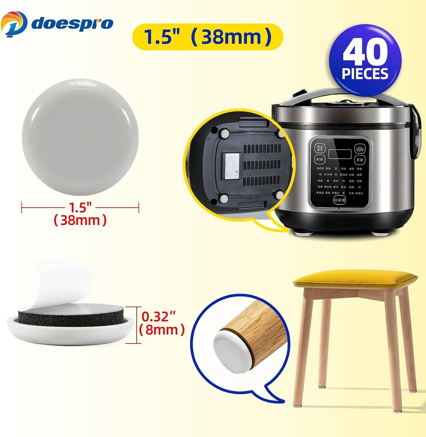 40PCS 1.4" Furniture Sliders for Hardwood Floors & Carpet, Self-Stick | PE Round Furniture Pads & Chair Glides for Hardwood Floors, Floor Protectors for Moving Furniture & Kitchen Appliances Easily