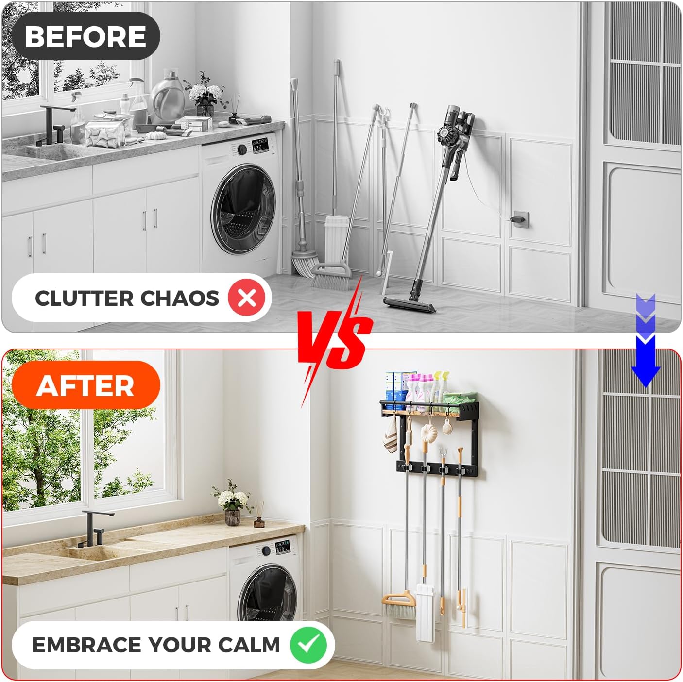 Broom Holder Wall Mount with Shelf, Black, L | 3 in 1 Broom and Mop Organizer, Wall Hanging, For Laundry, Garage, Utility, Vacuum Stand Alternative