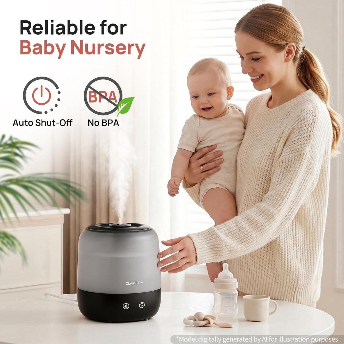 Clarston Humidifiers for Bedroom, 2L Cool Mist Humidifier, 24dB Quiet Sleep