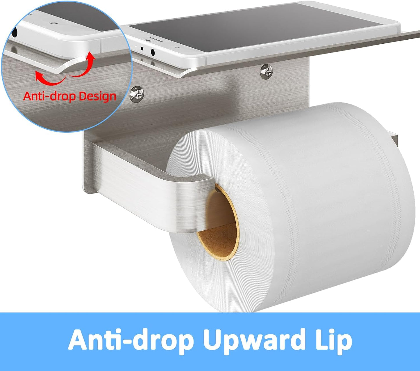 Gypie Toilet Paper Holder with Marble Shelf, Wall Mounted Matte Black | Toilet Roll Holder Black for Bathroom Washroom, Extended Base