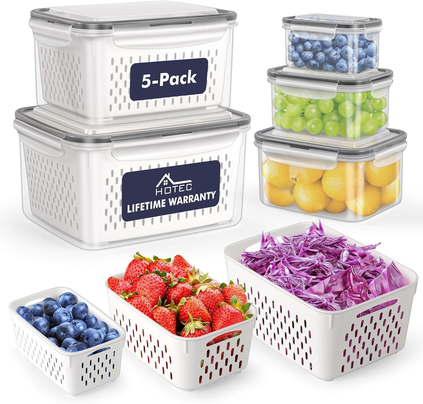 HOTEC 5-Pack Large Fruit Storage Container for Fridge Leak proof with Removable Colander, BPA Free Dishwasher & microwave safe Largest 4.15L