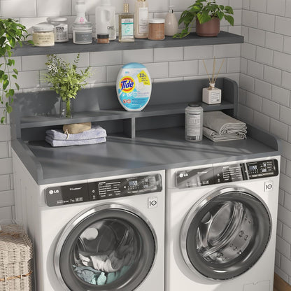 2-Tier Washer Dryer Countertop with 2.75" H Edge Rails, 54" W x 27.55" D Laundry Countertop for Folding Clothes, Washer and Dryer Topper with Non-Slip Pad (Dark Walnut)