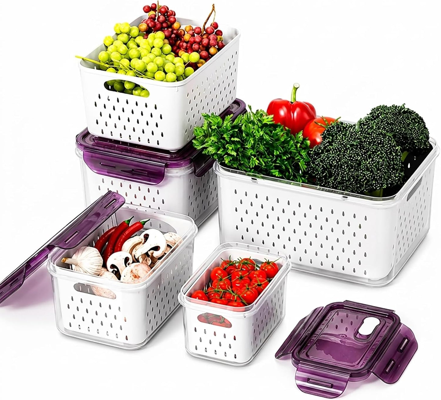 Fruit Storage Containers for Fridge with Removable Colander, Food Storage Containers with Lids, Dishwasher & Microwave Safe, Keep Berry Fruit Vegetable Meat Fresh Longer (Clear Body/Clear Lid)