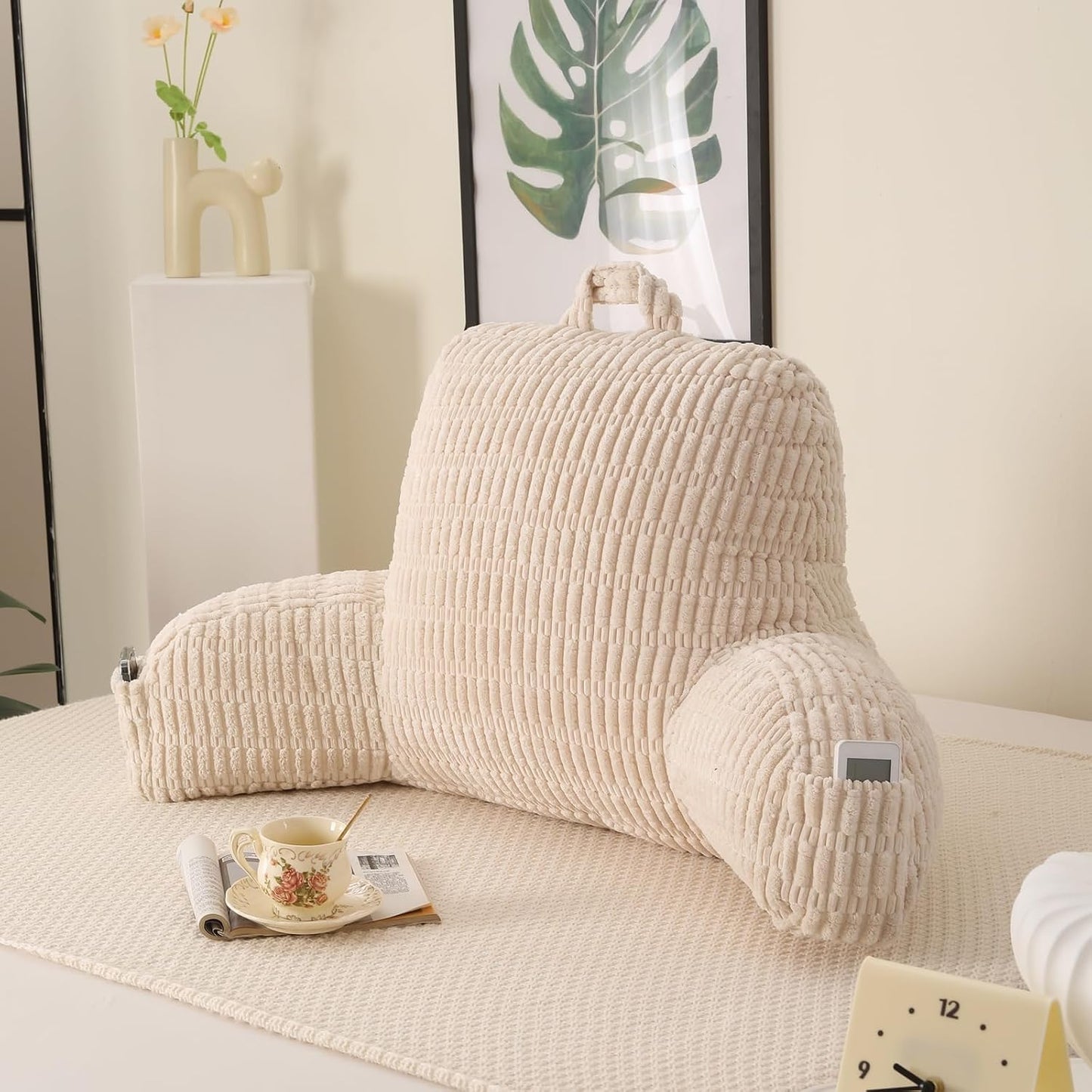 Reading Pillow with Arms for Sitting in Bed,Backrest,White Flannel,M | 17" Backrest Supports Back for College Students,Elbows & Forearms for Dorm Reading,Gaming,Watching TV