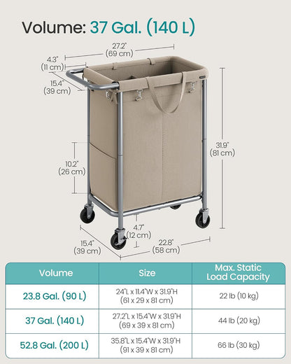 SONGMICS Laundry Basket with Wheels, 4-Section Rolling Laundry Hamper, 68.6 Gallons (260 L), Removable Liner, Steel Frame with Handle, 43.3 x 15.4 x 31.9 Inches, Cream White URLS014W01