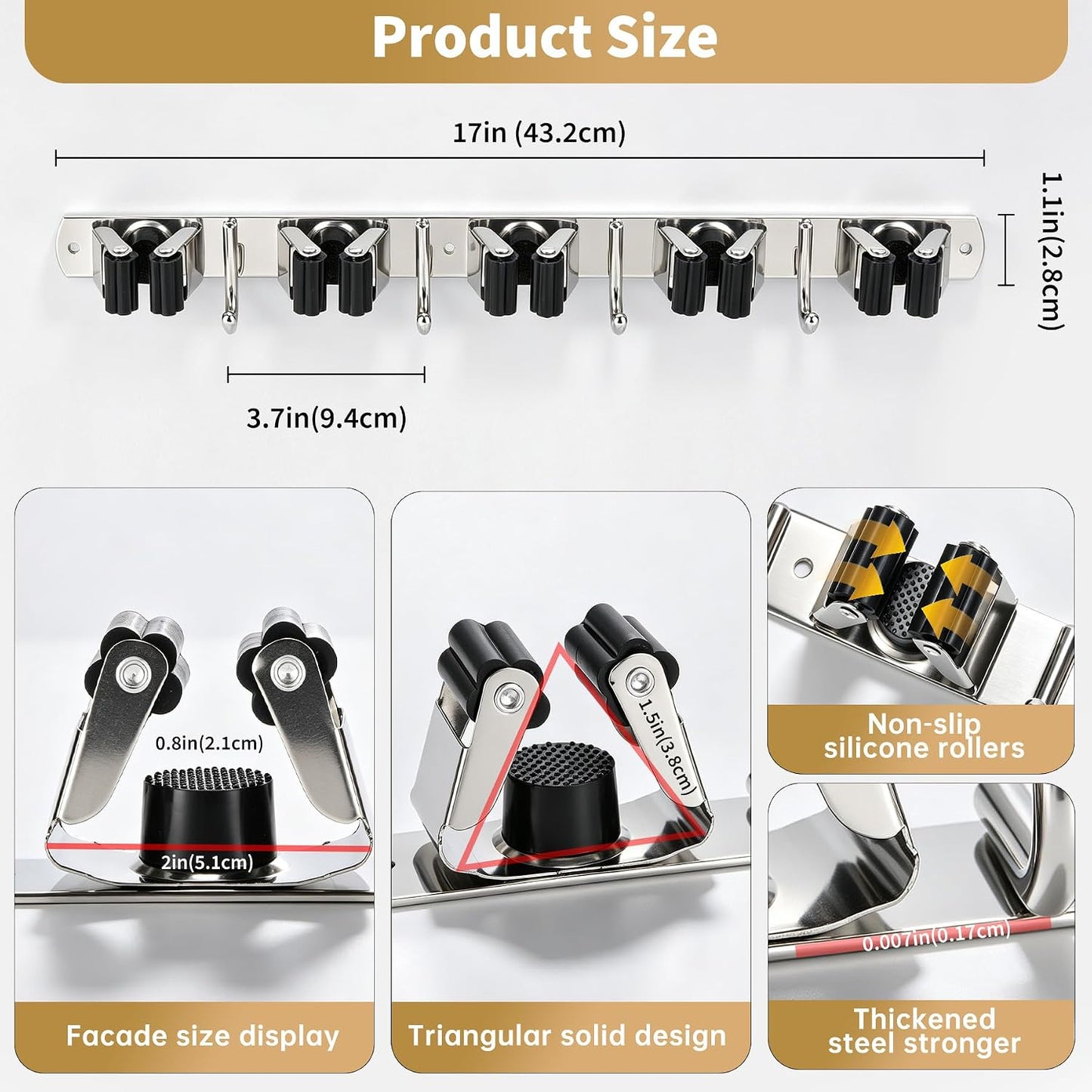 Broom Holder Wall Mount, Mop Organizer, 5 Racks, 4 Hooks, Heavy Duty | Rust-Resistant Stainless Steel, Non-Slip Grip, Adhesive or Screw Mount for Garage, Laundry Room and Garden Use, 1 Pack,Silver