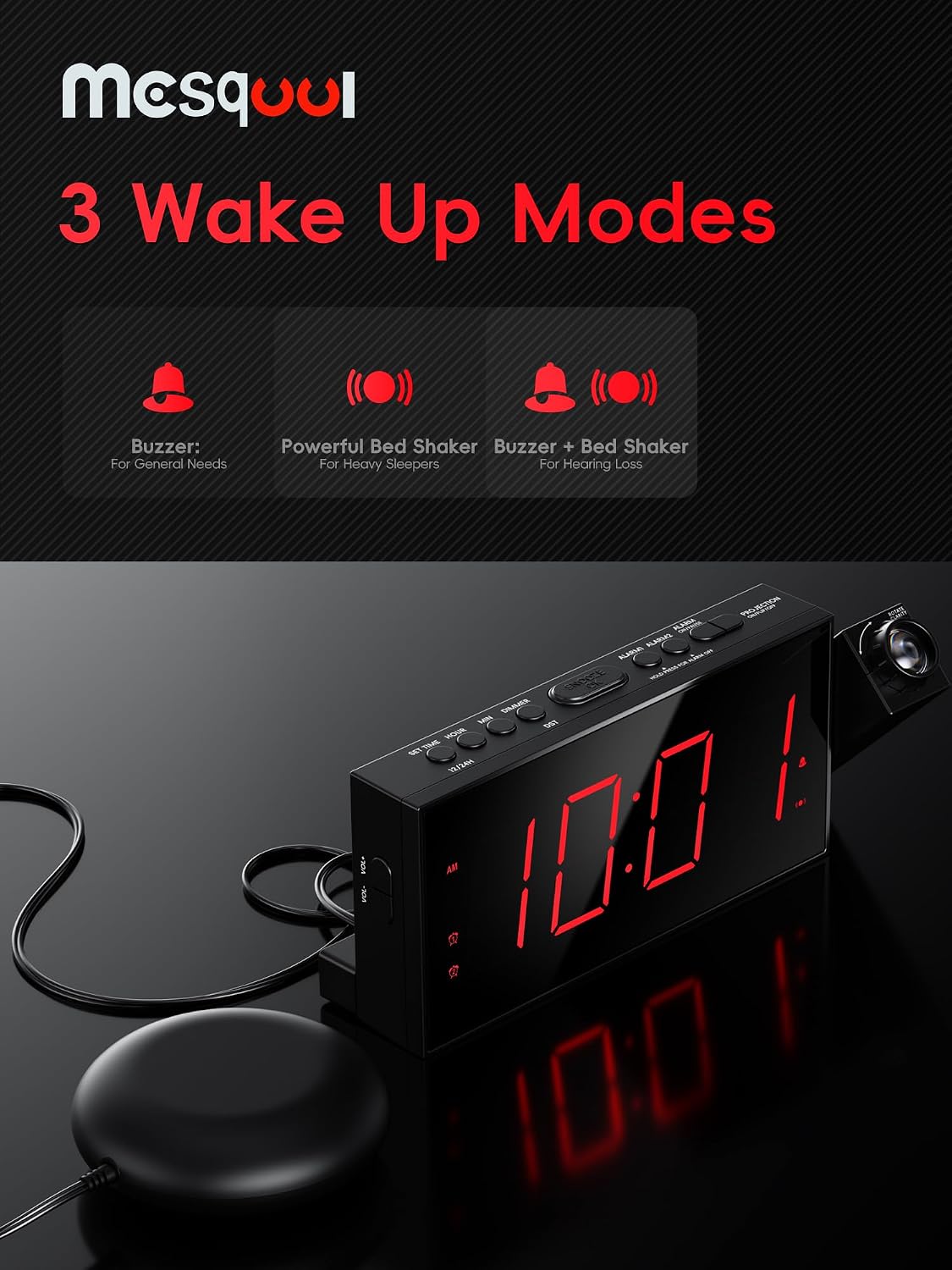 Mesqool Projection Alarm Clock with Bed Shaker, Dual Alarms