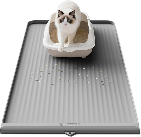 Cat Litter Mat 36"x24", Waterproof Litter Trapping Mat, Grey | Raised Edges Prevent litters, Diversion Grooves, Non-slip Backing, Easy to Clean