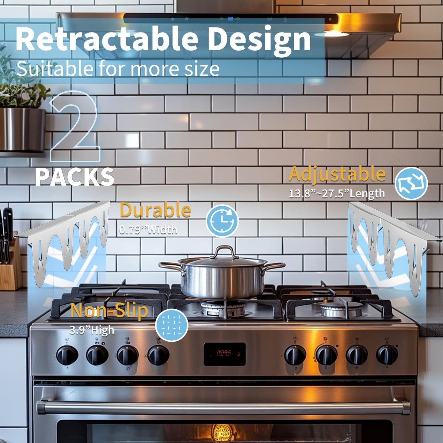 Stainless Steel Stove Gap Cover (2 Pack, Black), Stove Gap Filler for Kitchen, Range Trim Kit, Heat Resistant with Easy Clean, Adjustable Length 13.8” to 27.5”