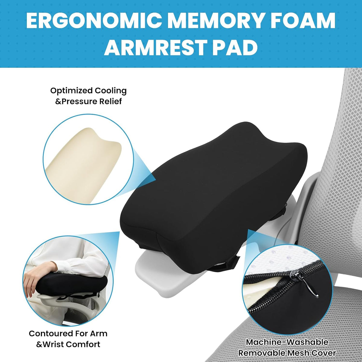 Memory Foam Armrest Pads, Pressure Relief Elbow Cushion, Non-Slip Hook & Loop Straps for Office, Gaming Chair & Wheelchair, Machine Washable, 2-Pack