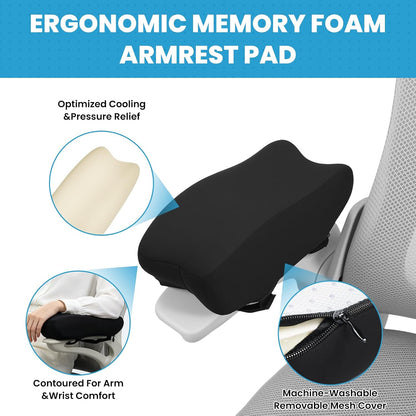 Memory Foam Armrest Pads, Pressure Relief Elbow Cushion, Non-Slip Hook & Loop Straps for Office, Gaming Chair & Wheelchair, Machine Washable, 2-Pack