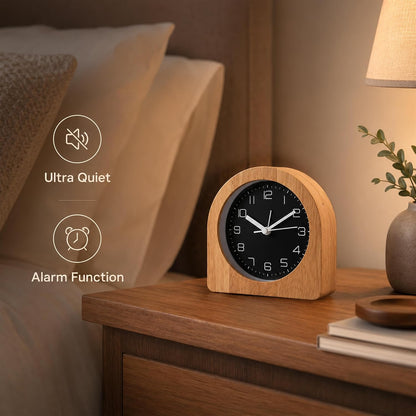 Analog Alarm Clock 5" Silent Non-Ticking Small Solid Wood Desk Clocks Battery Operated Simple Style Retro Table Clock for Office/Bedroom/Kitchen/School/Bedside/Shelf (Light Wood, Arch)