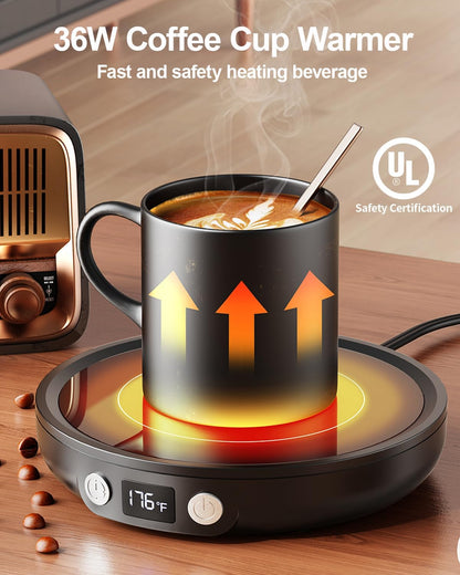 SWEETFULL Mug Warmer for Desk, Coffee Cup Warmer with Timer - Wood | 36W Fast Heating, 3-Temp Setting, Digital Display, 2-12H Timer, Smart Electric Coffee Candle Plate, Ideal Gifts for Women Men