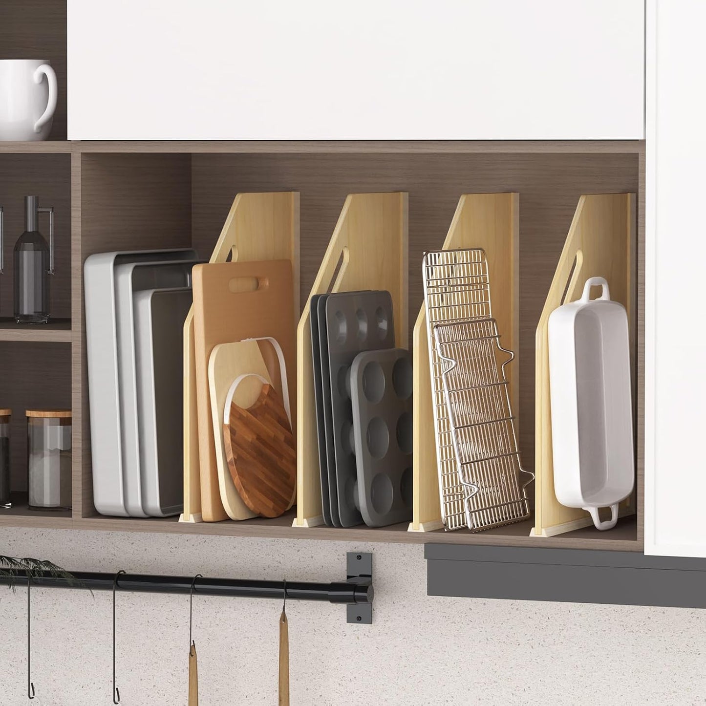 4 Pack Wood Tray Dividers for Cabinet, Cookie Sheet Organizer for Cabinet | No cutting required, Premium Wood, 2 Assembly Methods, Kitchen Cabinet Dividers for Storing pans, Baking tray, Cutting Board