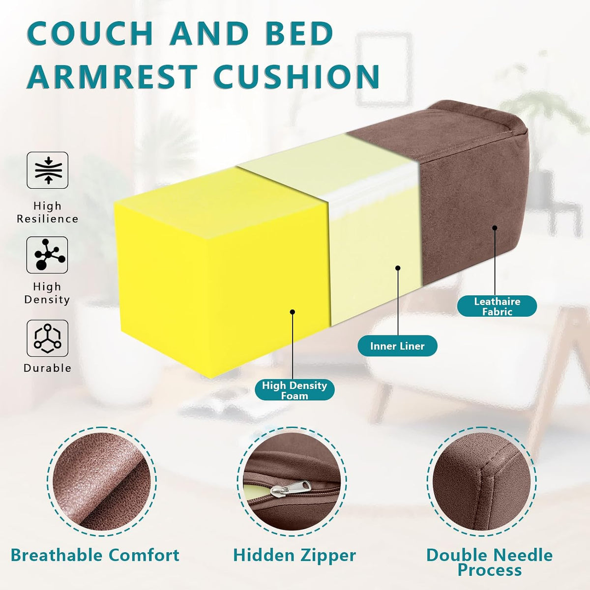 2 Pack Couch Arm Rest Pillow, 6''x6''x20'' Faux Leather Waterproof Cover, High Density Foam Armrest Cushion, Removable & Washable Elbow Support for Sofa, Bed, and Armchair (Medium Grey)
