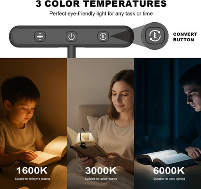 Rechargeable Book Light for Reading in Bed 25 LED - Eye Caring 15 Level Stepless Dimming, Extended 90Hrs Runtime, Lightweight Clip on Light, Gifts for Book Lovers, Black