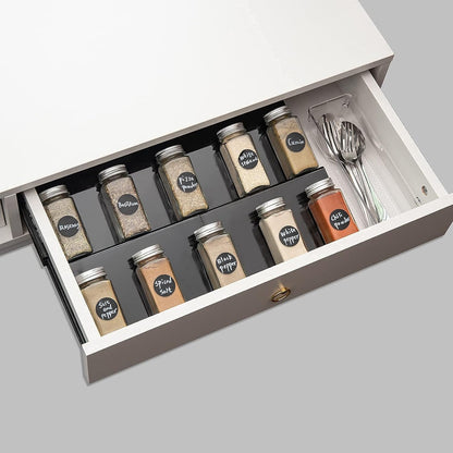 6PCS Expandable Spice Drawer Organizer Insert, Adjustable Tiered Countertop Tray for Spice Jars - Fits Kitchen Drawers (6, Black)
