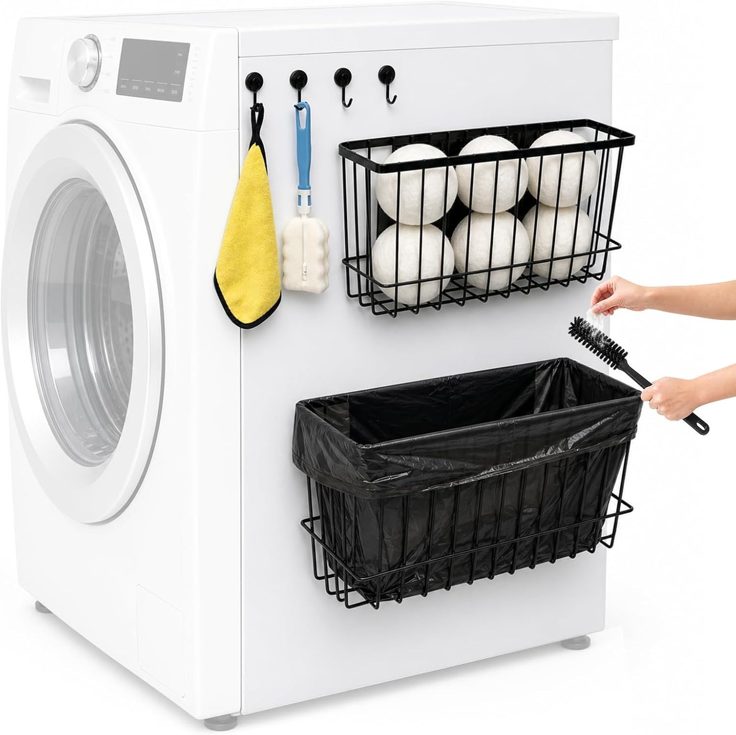 Magnetic Holder for Wool Dryer Balls & Lint Bin (2-Pack, Black) – Extra Long 14.2" & 10.4" Metal Laundry Trash Can – Washer Side Organizer with 4 Magnetic Hooks (Balls Not Included)