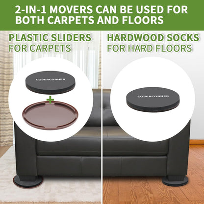 2 in 1 Furniture Sliders, 8 PCS in 3 1/2" or 4", Brown | Furniture Sliders for Hardwood Floors, Furniture Sliders for Carpet, Sliders for Moving Furniture, Furniture Movers Sliders