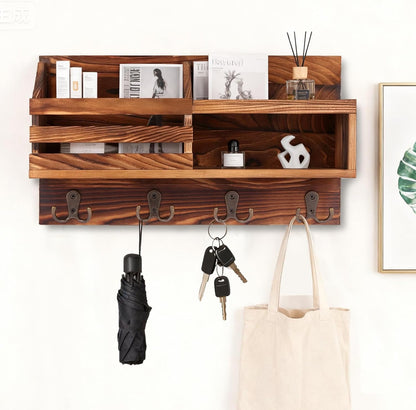 Solid Wood Key and Mail Holder for Wall, Brown | Farmhouse Entryway Organizer with Shelf, For Keys, Wallet, Dog Leash