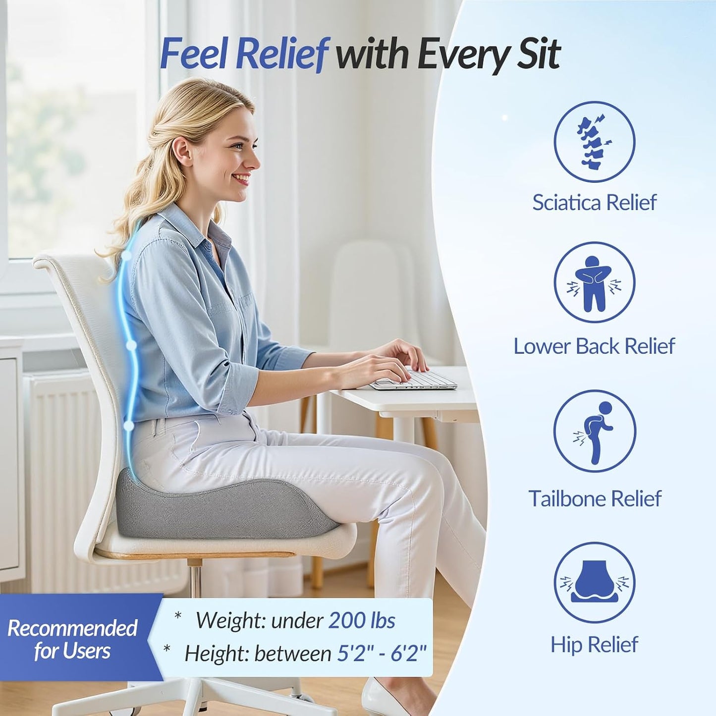 ZIKEE Contoured Ergonomic Seat Cushion for Effective Pain Relief, Non-Slip | Office Chair Cushion for Sciatica, Back, Tailbone Pain Relief, High-Density Memory Foam Car Seat Cushion for Sitting Comfort