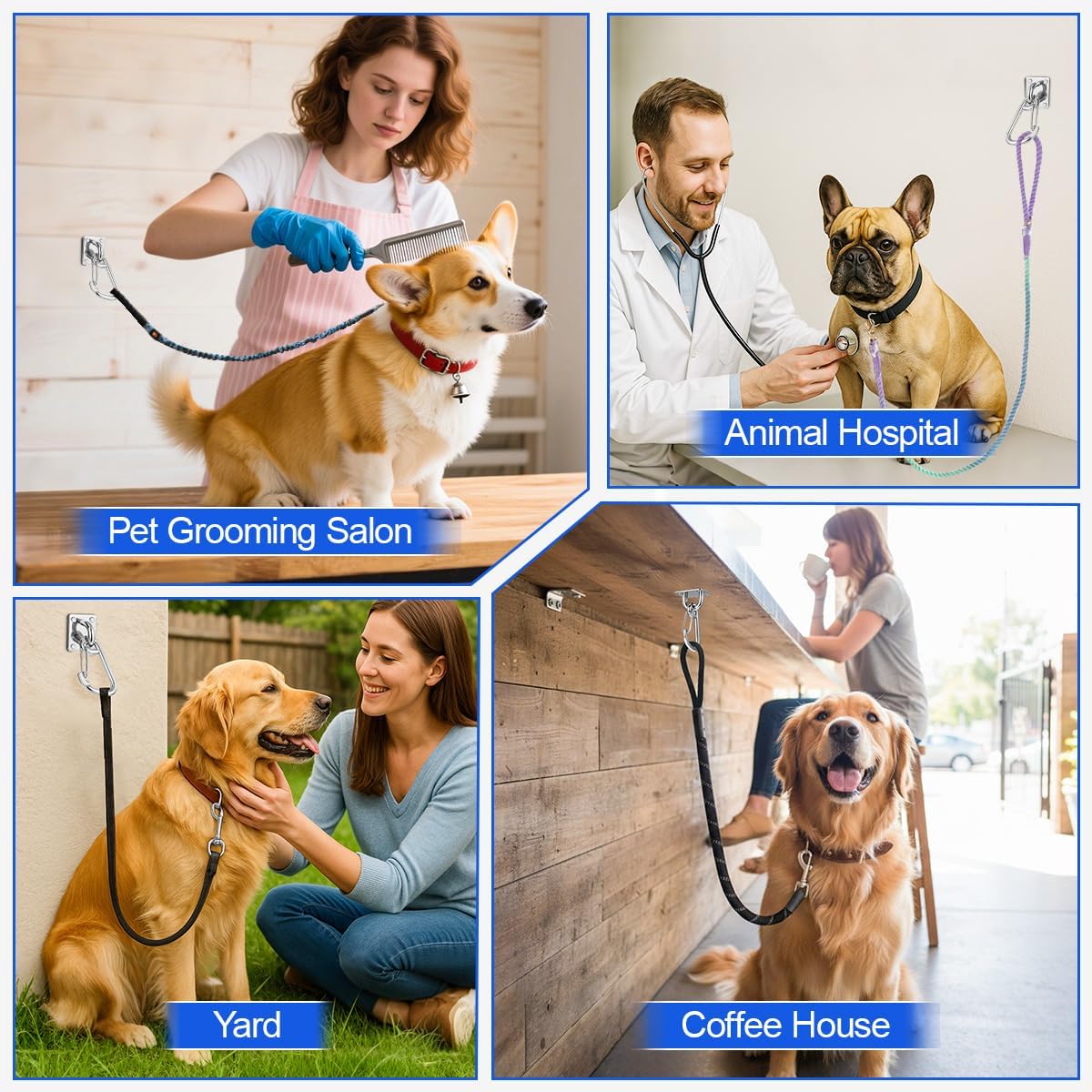 Dog Leash Holder for Wall with Tie Out Cable, 304 Stainless Steel Heavy Duty Hook with Anti-Escape Design, Indoor & Outdoor Pet Leash Anchor for Small and Medium-Sized Dogs, 1 Pack