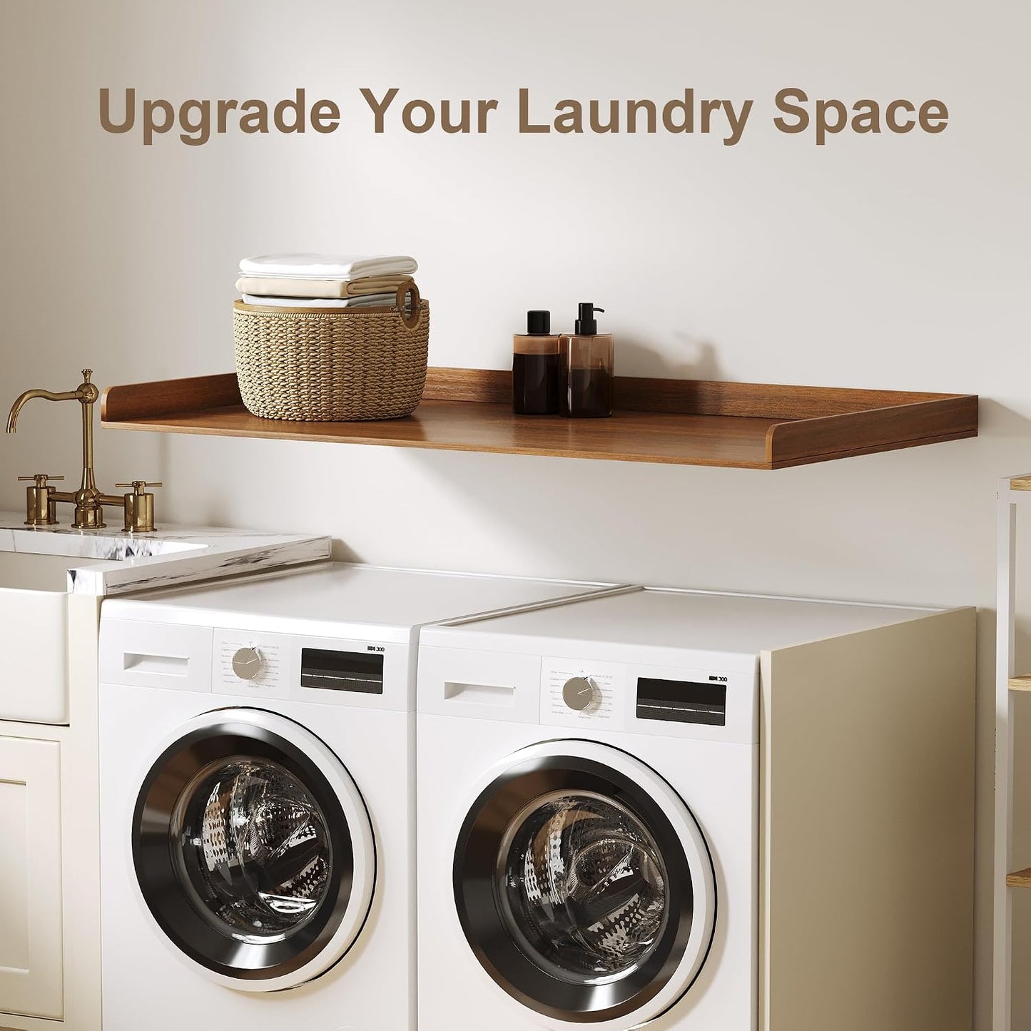 ChooChoo Washer Dryer Countertop, Adjustable Shelf, 2-Tier | Laundry Room Topper, Spacious Storage, For Folding Clothes & Efficient Organization, Walnut