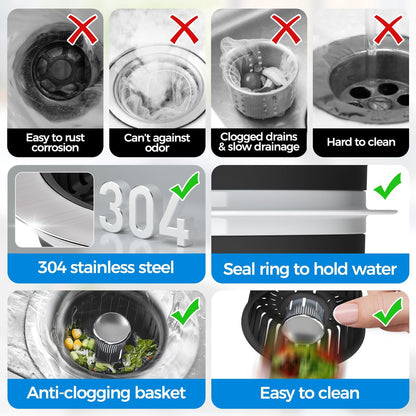 3 in 1 Kitchen Sink Drain Strainer Stopper Removable Basket Pop-Up | Kitchen Sink Accessories 1 Pack Black Stainless - Food Catcher, Odor-Blocking Seal, Fits 3.5" Drain, Easy Clean