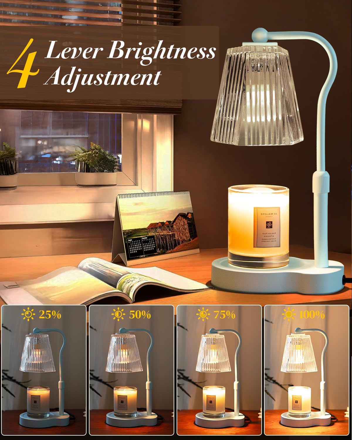 Candle Warmer Lamp with Timer & Dimmable Settings, Adjustable Height Flameless Scented Wax Melter for Jar Candles, Elegant Home Decor Warmer Lamp with 2 Bulbs, Gift for Women Mom Friend Family, White