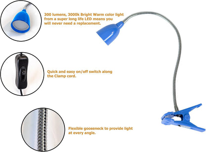Newhouse Lighting NHCLP-LED-BLU Blue Metal Flexible Clamp-Style LED Goose Neck Desk Lamp in 3000K Warm White Color Temperature with Power Adapter and 6 ft. Power Cord