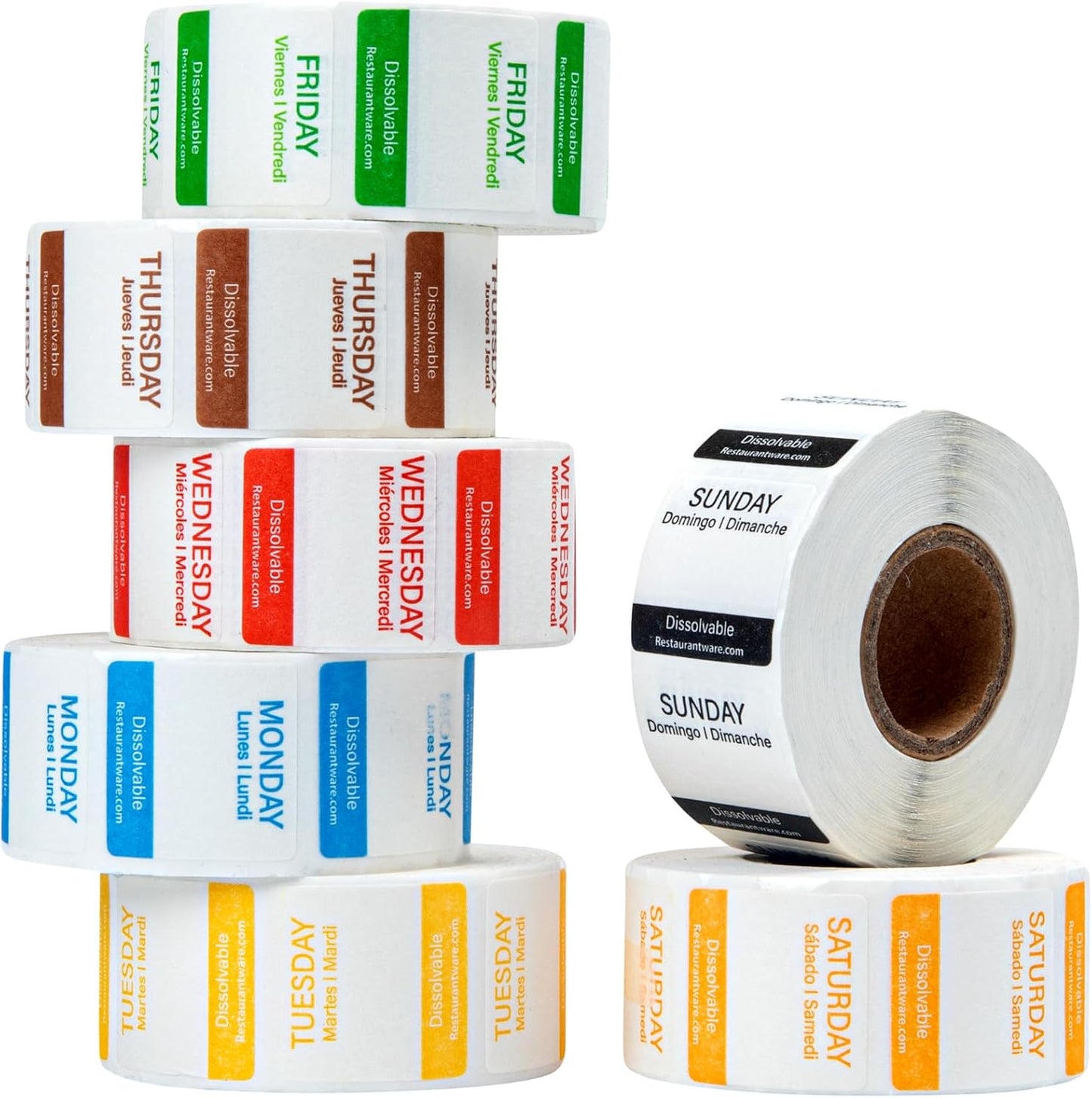 Restaurantware RW Smart 1 Inch x 1 Inch Food Rotation Labels 500 Dissolvable Food Safety Labels - Premium Trilingual Orange Paper Day Of The Week Labels For Food Storage Or Prep Saturday