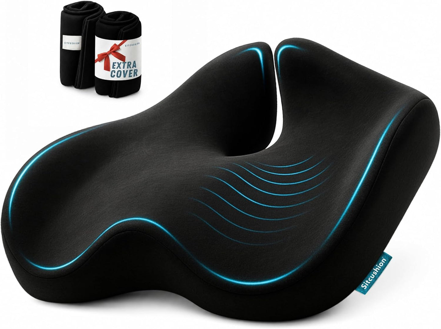 SitCushion Extra Large Memory Foam Seat Cushions for Office Chairs, Pressure Relief Seat Cushion for Tailbone Pain Relief, Sciatica & Back Pain, Ergonomic Office Chair Cushion for Long Sitting (Black)