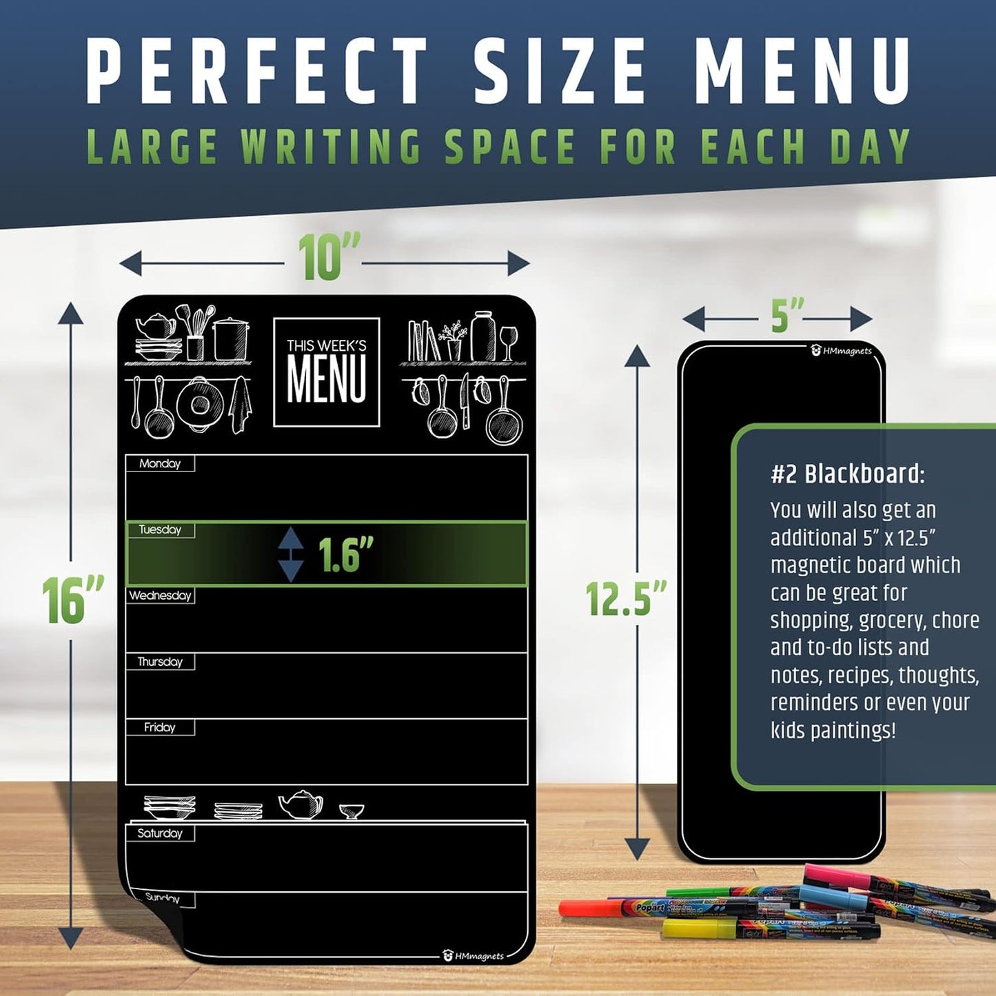 Cute 10"x16" Magnetic Dry-Erase Weekly Menu Blackboard for Kitchen Fridge (with 8 Bright Chalk Markers) & Free Bonus - Grocery/to-Do Lists Board - Daily Dinner Meal Planner Set for Home