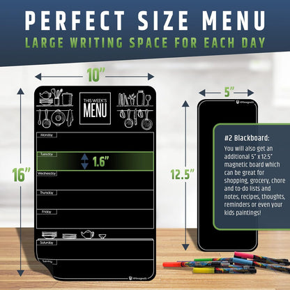 Cute 10"x16" Magnetic Dry-Erase Weekly Menu Blackboard for Kitchen Fridge (with 8 Bright Chalk Markers) & Free Bonus - Grocery/to-Do Lists Board - Daily Dinner Meal Planner Set for Home