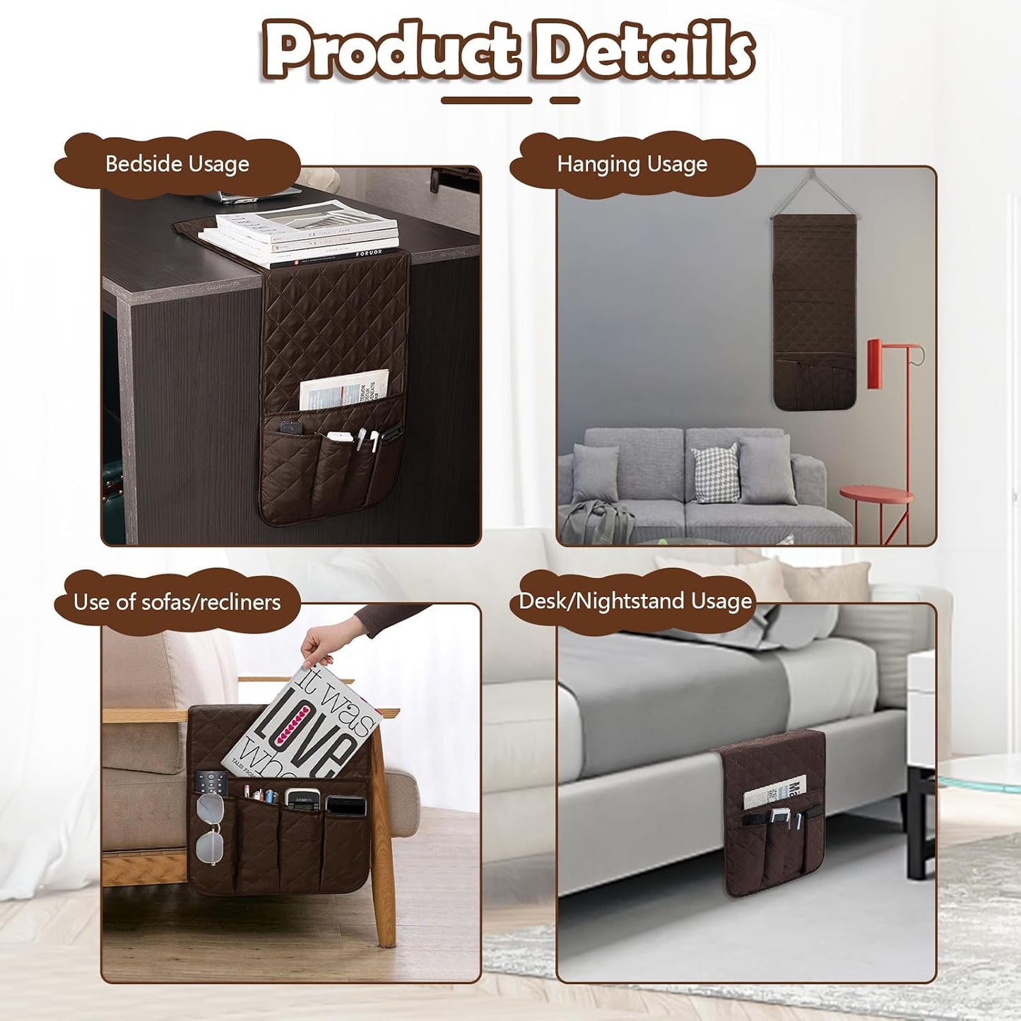 Huakaile Foldable Remote Control Holder Non-Slip Couch Sofa Chair Waterproof Armrest Organizer with 5 Pockets Armrest Organizer Couch Recliner Caddy Fits for Ipad, Phone, Magazines (Coffee)