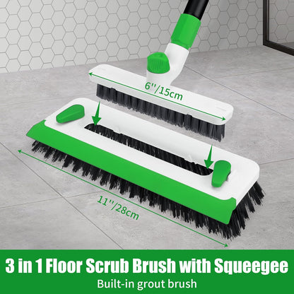 Floor Scrub Brush with Long Handle, 3-in-1 Scrape Scrubber Brush with Squeegee Stiff Bristle Deck Brush for Cleaning Tile Bathroom Patio Deck Garage Grout Kitchen