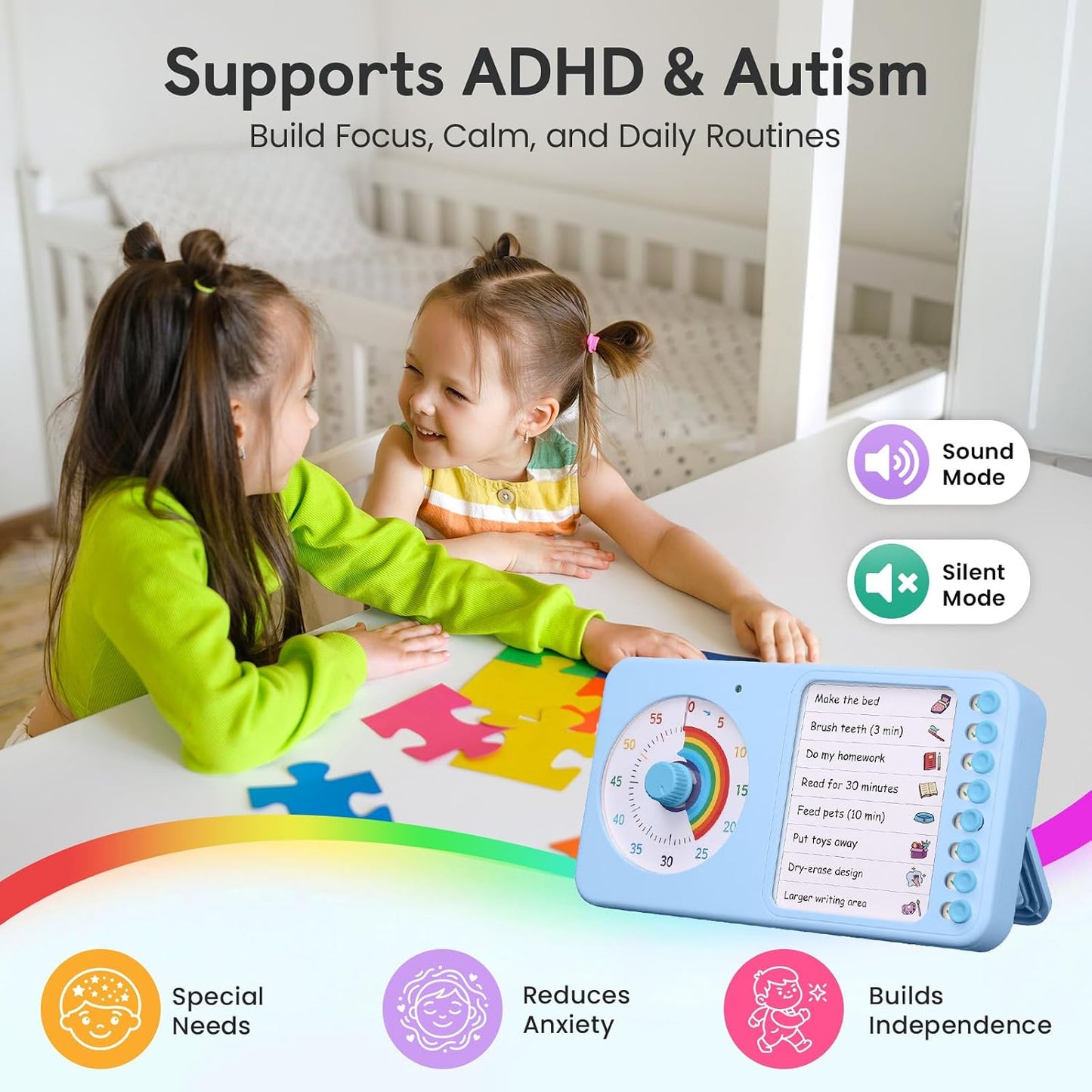 2-in-1 Visual Timer ADHD with Task Board, to-Do List, Checklist | Dry Erase Chore Chart and Visual Schedule for Kids ADHD, Rainbow Countdown Timer for Classroom, Home, Homeschool (White)