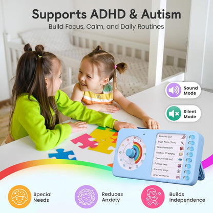 2-in-1 Visual Timer ADHD with Task Board, to-Do List, Checklist | Dry Erase Chore Chart and Visual Schedule for Kids ADHD, Rainbow Countdown Timer for Classroom, Home, Homeschool (White)