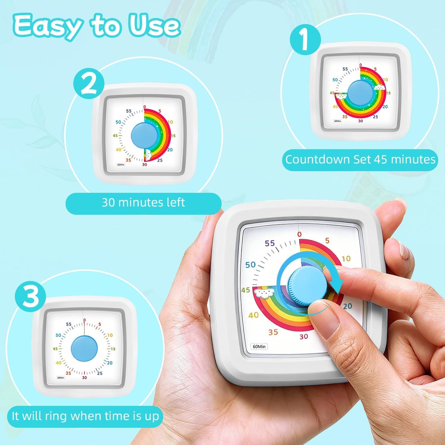 Visual Timer for Kids 60 Minute Countdown Clock – Silent Cube Timer with Rainbow Cloud Design, Plastic Kids Visual Timer, Toddler Timers for Classroom Home Kitchen Study Tools, Green