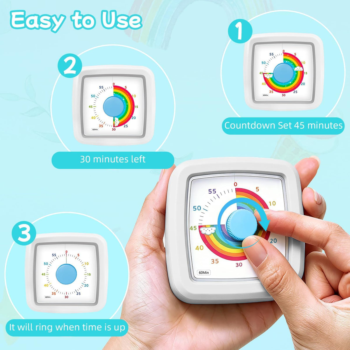 Visual Timer for Kids 60 Minute Countdown Clock – Silent Cube Timer with Rainbow Cloud Design, Plastic Kids Visual Timer, Toddler Timers for Classroom Home Kitchen Study Tools, Green