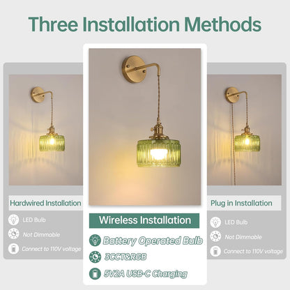 Shenmoyl Battery Operated Wall Sconce with Green Striped Shade Pattern Glass Adjustable Chain Retro Gold Wall Mounted Light, Modern Wall Lamp Fixtures Decor for Bedside Bedroom Indoor Doorway