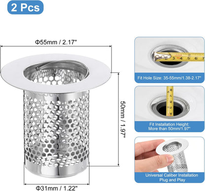 uxcell 2 Pack Shower Drain Strainer, 2" x 2.5" Stainless Steel Floor Drain Strainer Deep Sink Hair Catcher for Kitchen Bathroom Balcony Floor Drain, Fit Hole Size from 1.57" to 2.56"