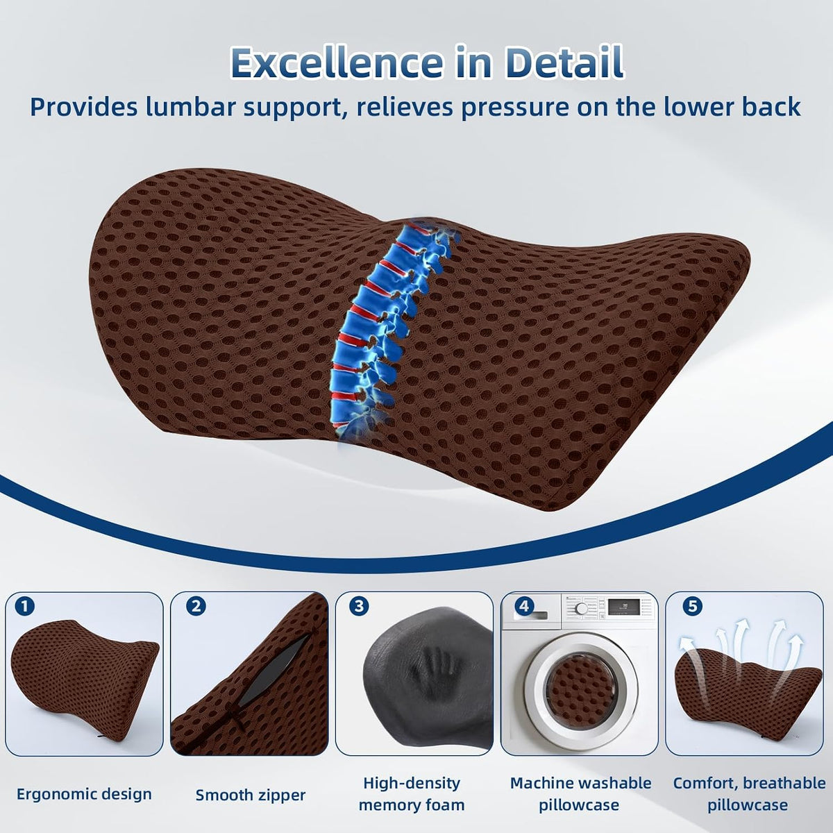 Lumbar Pillow, Memory Foam Lumbar Support Pillow for Office Chair and Car Seat, Ergonomic Streamline Back Pillow for Lower Back Pain Relief, Back Support Pillow for Sitting, Driving, Traveling