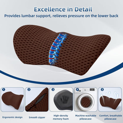 Lumbar Pillow, Memory Foam Lumbar Support Pillow for Office Chair and Car Seat, Ergonomic Streamline Back Pillow for Lower Back Pain Relief, Back Support Pillow for Sitting, Driving, Traveling